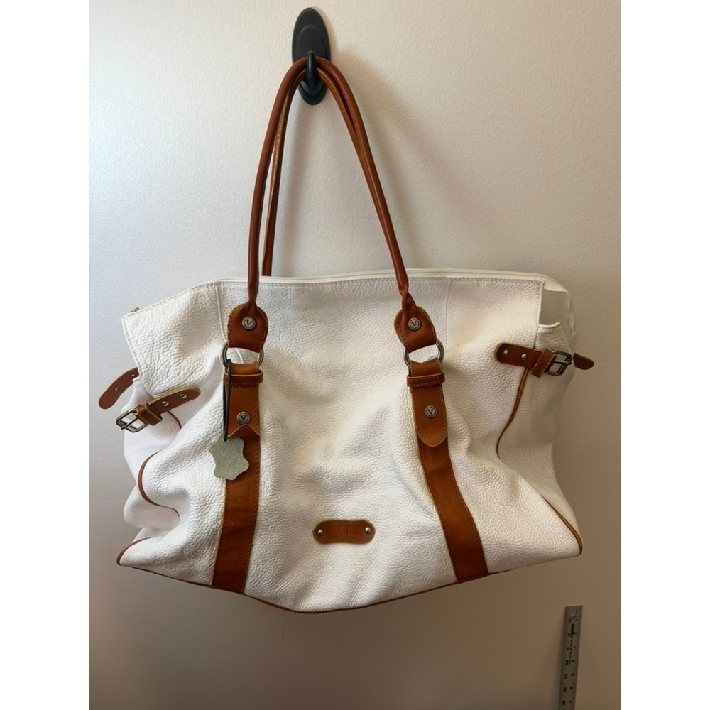 Valentina White Pebbled Leather Tote Bag Cognac Brown Trim Made in Italy Satchel